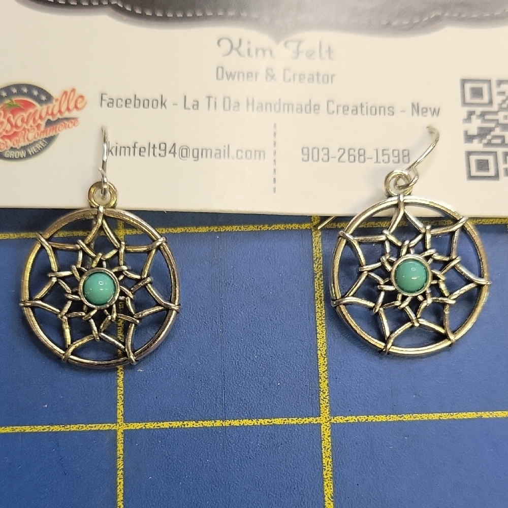 Silver Tone Dreamcatcher Earrings with Faux Turquoise Accents